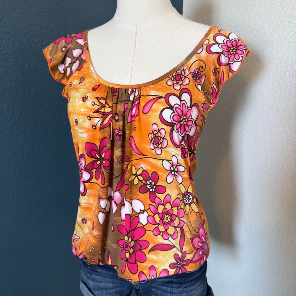 Y2K Retro Floral Flutter Sleeve RBL Rebelle Top Medium Orange Pink
